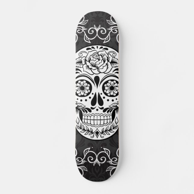 Decorative Sugar Skull Black White Gothic Grunge Skateboard (Front)
