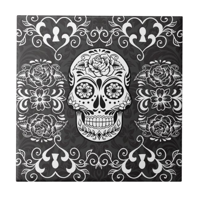 Decorative Sugar Skull Black White Gothic Grunge Tile (Front)