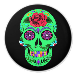 Decorative Sugar Skull Lime Green Ceramic Knob