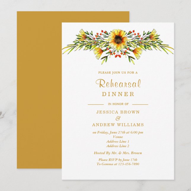 Decorative Summer Flowers Wedding Rehearsal Dinner Invitation (Front/Back)