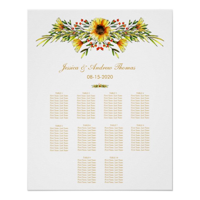 Decorative Summer Flowers Wedding Seating Chart (Front)