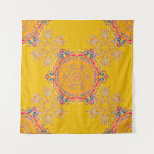 Decorative symmetry arabesque. Beige, pink and yel Tapestry