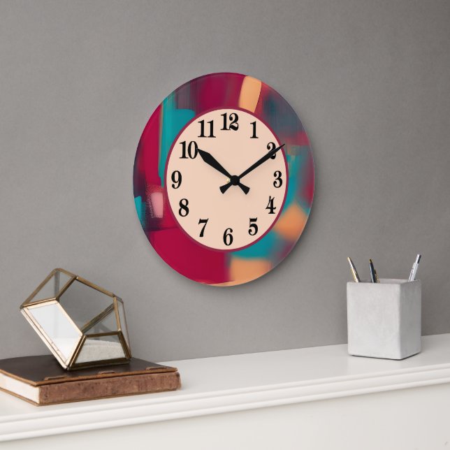 Decorative Teal and red abstract blend Large Clock (Office)