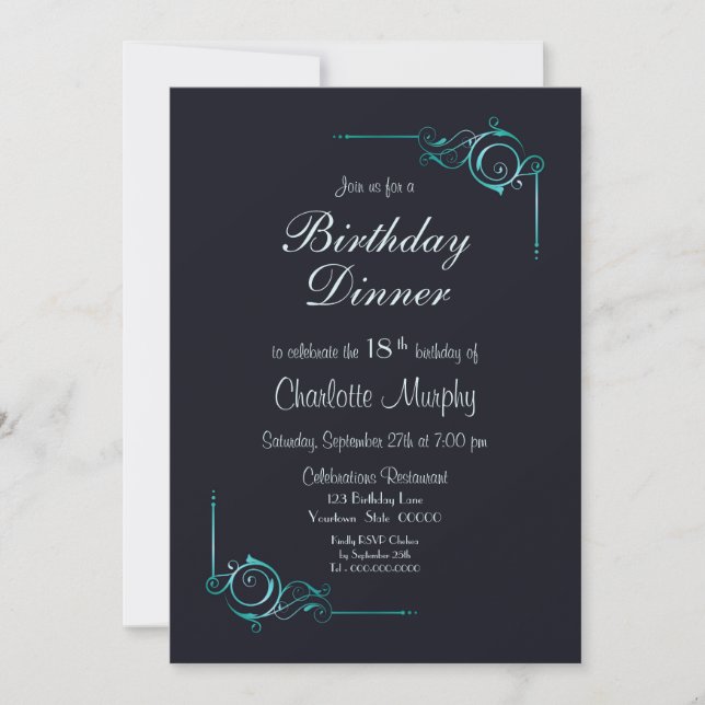 Decorative Teal Border 18th Birthday Dinner Invitation (Front)