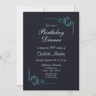 Decorative Teal Border 18th Birthday Dinner Invitation