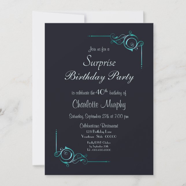 Decorative Teal Border Surprise 40th Birthday Invitation (Front)