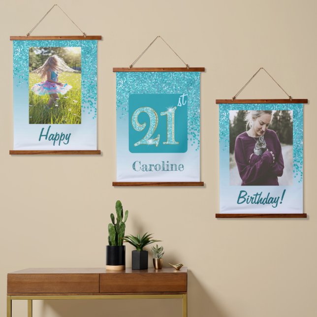 Decorative Teal Glitter 2 Photos 21st Birthday Hanging Tapestry (Asymmetrical)