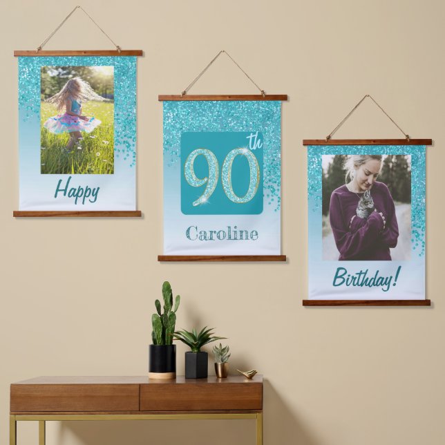 Decorative Teal Glitter 2 Photos 90th Birthday Hanging Tapestry (Asymmetrical)