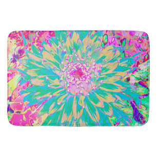 Decorative Teal Green and Hot Pink Dahlia Flower Bath Mat
