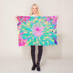 Decorative Teal Green and Hot Pink Dahlia Flower Fleece Blanket