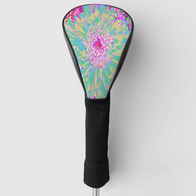 Decorative Teal Green and Hot Pink Dahlia Flower Golf Head Cover (Front)