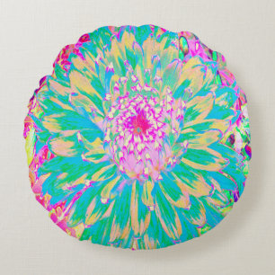 Decorative Teal Green and Hot Pink Dahlia Flower Round Cushion
