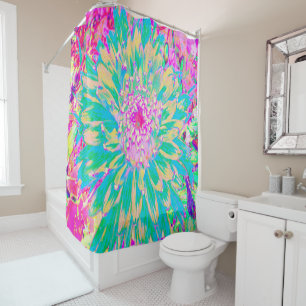 Decorative Teal Green and Hot Pink Dahlia Flower Shower Curtain
