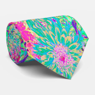 Decorative Teal Green and Hot Pink Dahlia Flower Tie