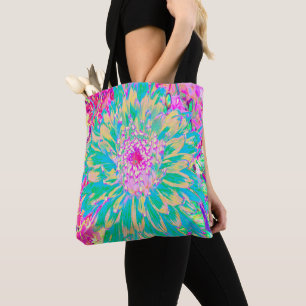 Decorative Teal Green and Hot Pink Dahlia Flower Tote Bag