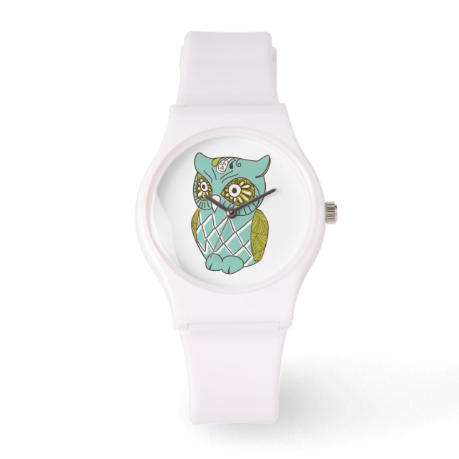 Decorative Teal Retro Pattern Owl Watch (Front)