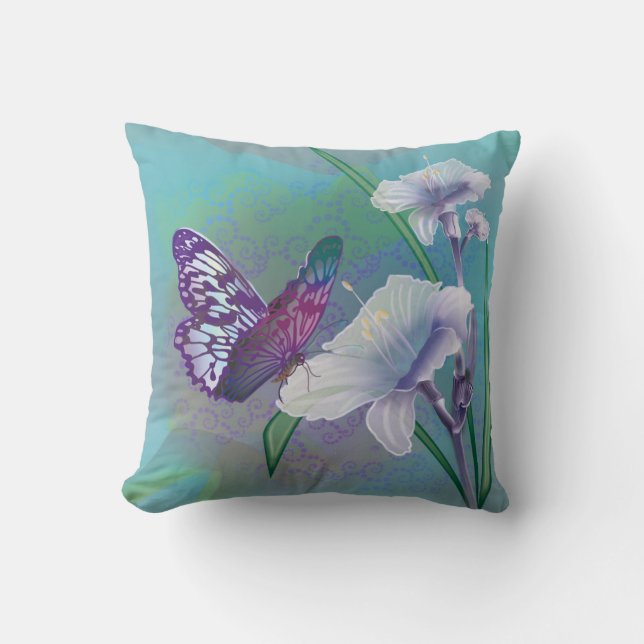 Decorative Throw Pillow with Lilies and Butterfly (Front)