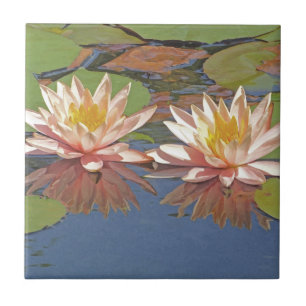 DECORATIVE TILE/ TWO PALE PEACHY-PINK WATER LILIES TILE