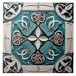 Decorative Turquoise & White Celtic inspo abstract Tile