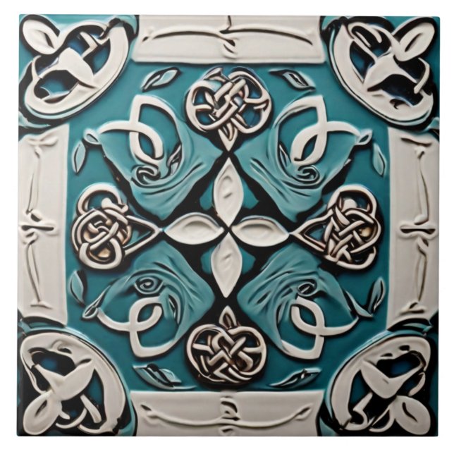Decorative Turquoise & White Celtic inspo abstract Tile (Front)