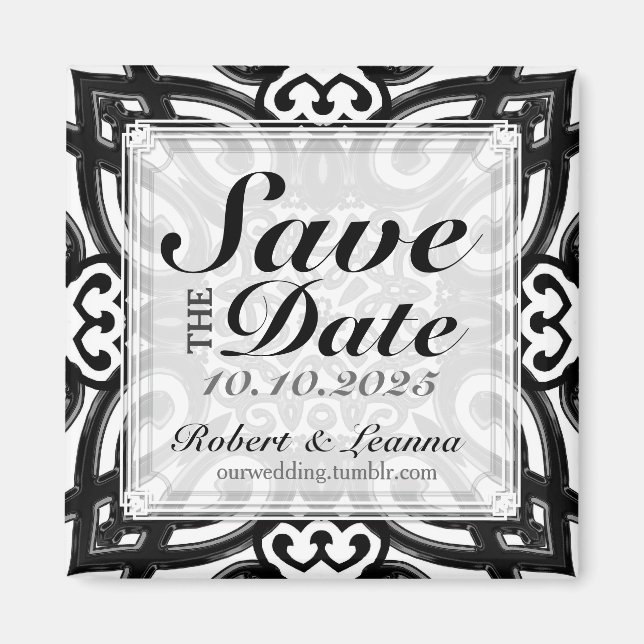 Decorative Twin Hearts Black White Save the Date Magnet (Front)