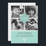 Decorative Typography Star of David Hanukkah Holiday Card<br><div class="desc">A large aqua-coloured Star of David is the focal piece of this flat greeting card. The star prints in the centre of four of a grid of your own colour or black-and-white photographs. The words "The Festival of Lights" print inside the star with swirls both inside and radiating outward from...</div>