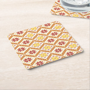 Decorative Ukrainian cross stitch Square Paper Coaster