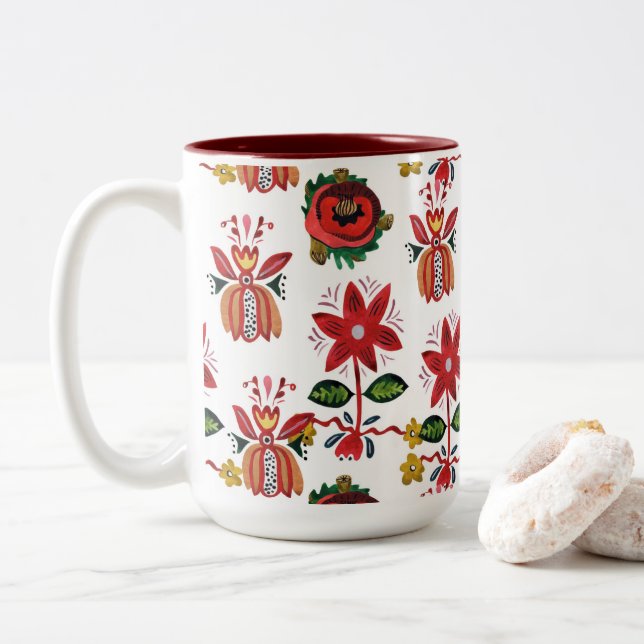 Decorative Ukrainian Flowers Two-Tone Coffee Mug (With Donut)
