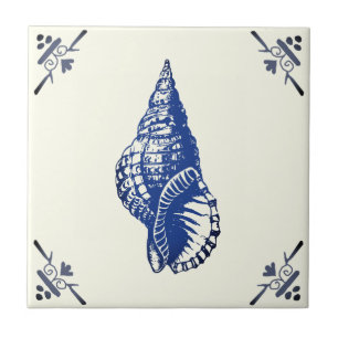Decorative Vintage Blue Seashell on Ivory Tile