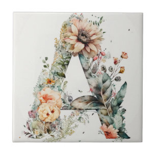 Decorative Watercolor Floral Art A Letter  Tile