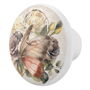 Decorative watercolor floral butterfly French art Ceramic Knob