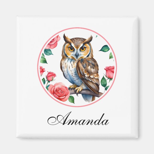 Decorative Watercolor Owl with Roses Magnet (Front)