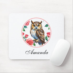 Decorative Watercolor Owl with Roses Mouse Mat