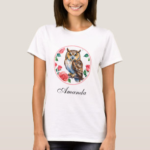 Decorative Watercolor Owl with Roses T-Shirt