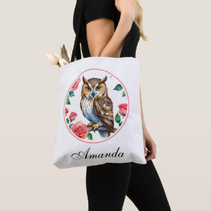 Decorative Watercolor Owl with Roses Tote Bag