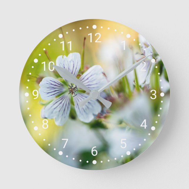 Decorative White Geranium Flower Soft Bokeh Photo Round Clock (Front)