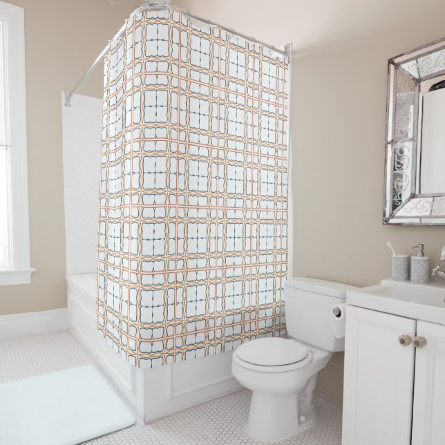 Decorative White Orange Blue Detailed Grid Pattern Shower Curtain (In Situ)