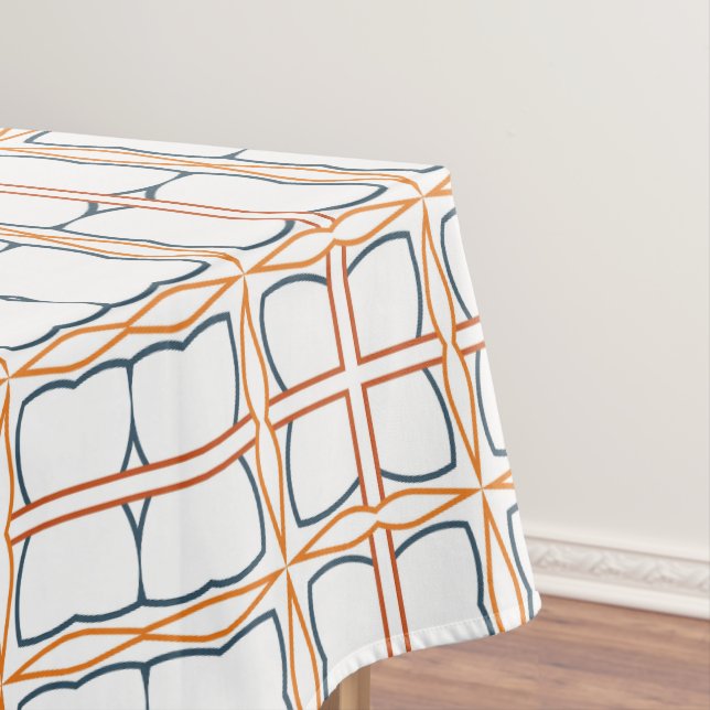 Decorative White Orange Blue Detailed Grid Pattern Tablecloth (In Situ)