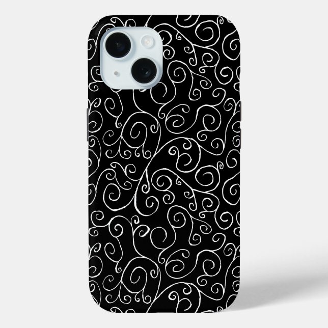 Decorative White Scrolling Curves on Black Case-Mate iPhone Case (Back)