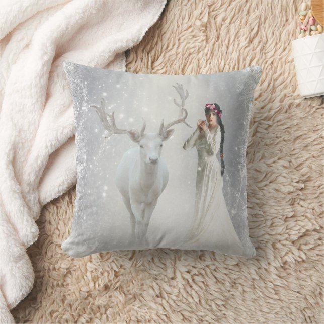 Decorative White Snow Reindeer Happy Holidays Cushion (Blanket)