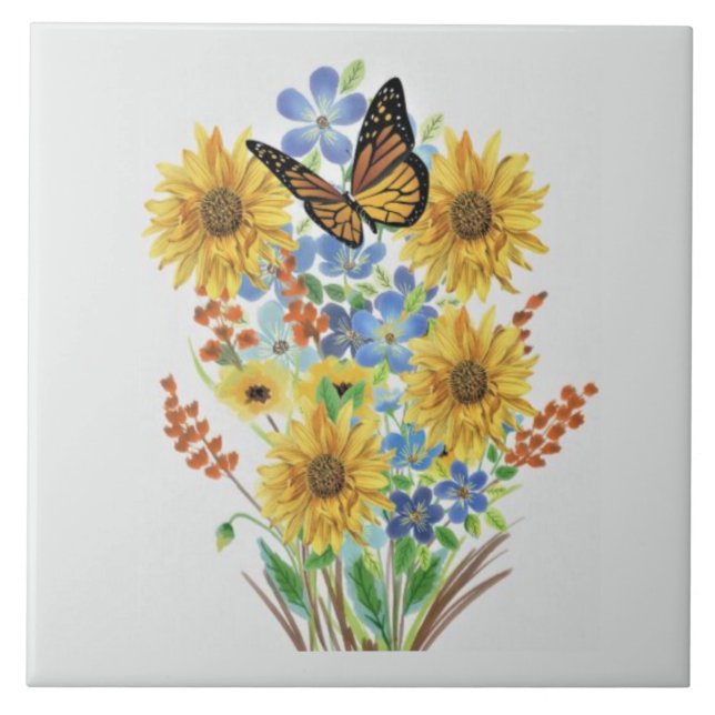 Decorative Wildflower Bouquet and Butterfly  Tile (Front)