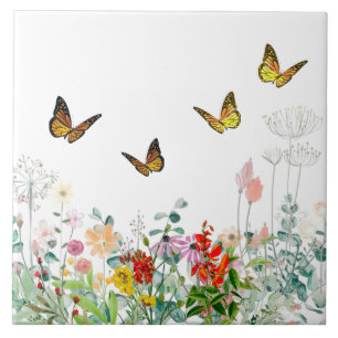 Decorative Wildflowers and Butterflies  Tile