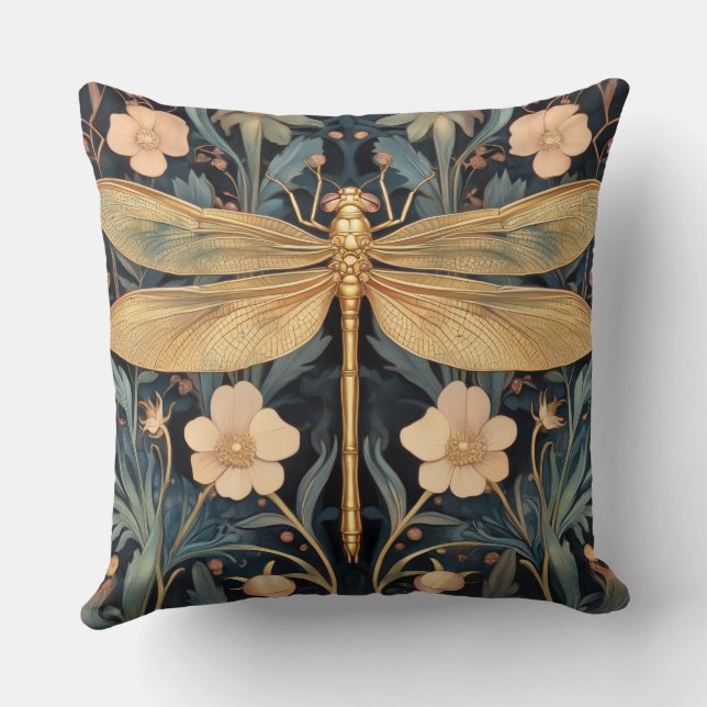 Decorative William Morris Dragonfly Throw Pillow (Back)
