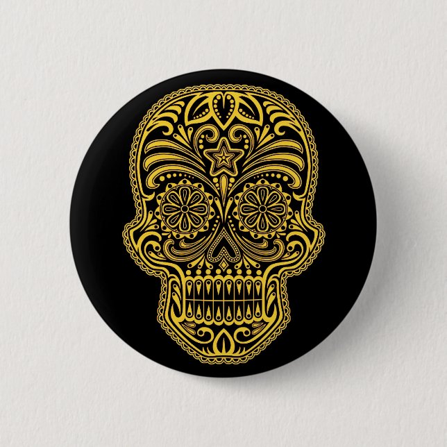 Decorative Yellow and Black Sugar Skull 6 Cm Round Badge (Front)