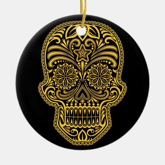 Decorative Yellow and Black Sugar Skull Ceramic Tree Decoration (Front)