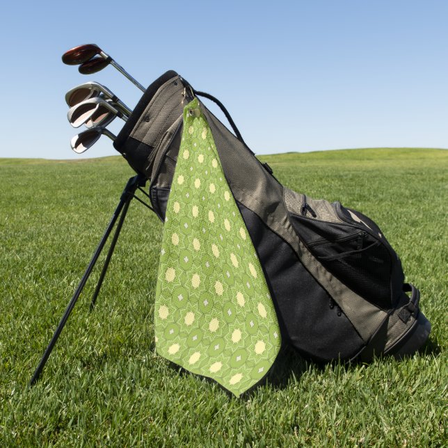 Decorative yellow star and diamond patterned  golf towel (Green)