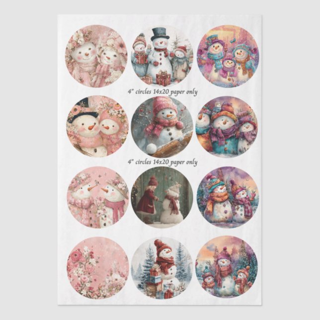 Decoupage 12 Whimsical Snowman 4" Coaster Set  Tissue Paper (Front)