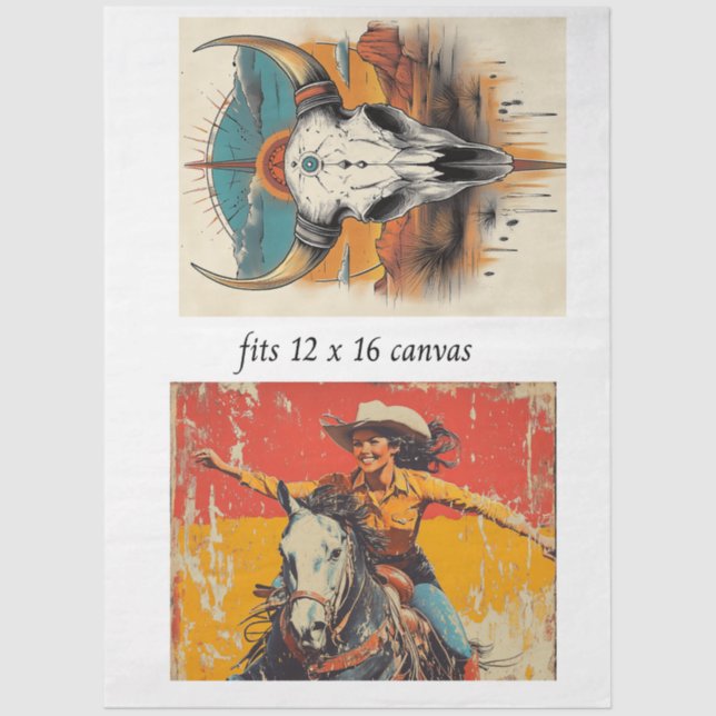 Decoupage 12x16 Cowgirl Roper & Skull Design  Tissue Paper (Front)