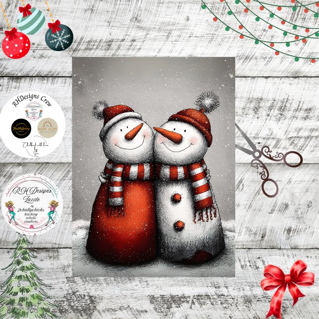 Decoupage 2 Snowmen Red Stripped Scarves Winter Tissue Paper (Creator Uploaded)