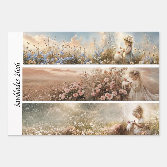 Decoupage 3 Designs Farm Girl & Pig Handsaws Wrapping Paper Sheet (Front)